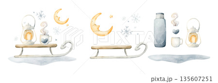 Cute sleigh with cup and lantern, crescent moon snow flakes. Watercolor hand drawn illustration isolated on white background for winter design Christmas card baby nursery kids print textile poster Cute sleigh with cup and lantern, crescent moon snow flakes. Watercolor hand drawn illustration isolated on white background for winter design Christmas card baby nursery kids print textile poster 135607251