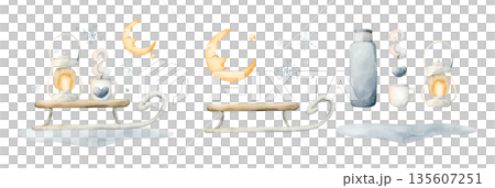 Cute sleigh with cup and lantern, crescent moon snow flakes. Watercolor hand drawn illustration isolated on white background for winter design Christmas card baby nursery kids print textile poster Cute sleigh with cup and lantern, crescent moon snow flakes. Watercolor hand drawn illustration isolated on white background for winter design Christmas card baby nursery kids print textile poster 135607251
