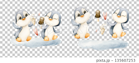 Cute Penguins sitting with ice cream hearts. Watercolor hand drawn illustration isolated on white background for north winter design Christmas or Valentine cozy card baby nursery kids holiday poster Cute Penguins sitting with ice cream hearts. Watercolor hand drawn illustration isolated on white background for north winter design Christmas or Valentine cozy card baby nursery kids holiday poster 135607253