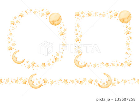 Cute golden moon crescent stars wreath frame seamless border set. Watercolor hand drawn illustration isolated on white background for baby nursery textile kids fabric holiday Ramadan design card print 135607259