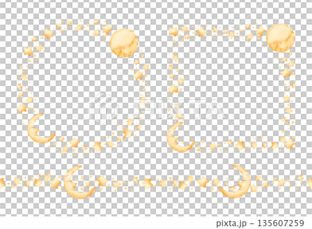 Cute golden moon crescent stars wreath frame seamless border set. Watercolor hand drawn illustration isolated on white background for baby nursery textile kids fabric holiday Ramadan design card print 135607259