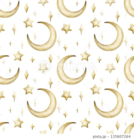 Cute golden crescent moon stars sparkle twinkles seamless pattern. Watercolor hand drawn isolated illustration on white background for Muslim holiday Ramadan design Eid Mubarak baby nursery kids Cute golden crescent moon stars sparkle twinkles seamless pattern. Watercolor hand drawn isolated illustration on white background for Muslim holiday Ramadan design Eid Mubarak baby nursery kids 135607264