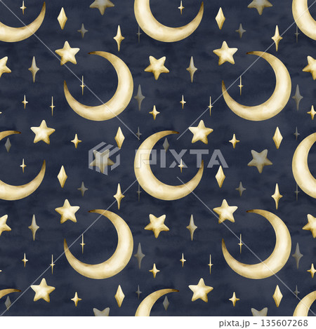 Cute golden crescent moon stars sparkle twinkles seamless pattern. Watercolor hand drawn isolated illustration on dark blue background for Muslim holiday Ramadan design Eid Mubarak baby nursery kids 135607268