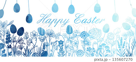 blue Easter card with egg. hand drawn. Not AI, Vector illustration. 135607270