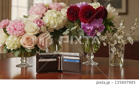 A close-up of an empty wallet lying on a table against a backdrop of beautiful festive flower bouquets for Valentine's Day and an anniversary. Spending concept 135607985