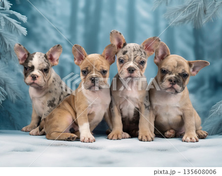 French bulldogs in the winter forest. Puppies among snow-covered trees French bulldogs in the winter forest. Puppies among snow-covered trees 135608006