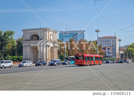 Chisinau, Moldova - September 24, 2025 Triumphal Arch as popular historical landmark of the capital with the traffic view on the Stephen the Great boulevard 135608113