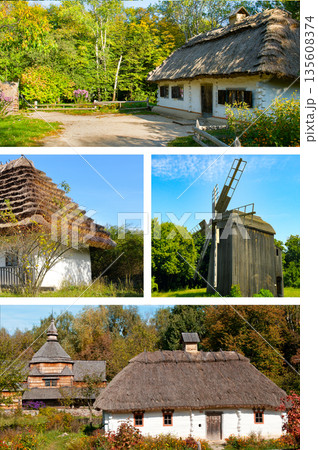 Collage of Traditional Ukrainian Village Architecture and Windmill Collage of Traditional Ukrainian Village Architecture and Windmill 135608374
