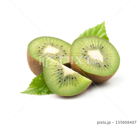 Sweet slick kiwi fruits with leaves on white backgrounds 135608487