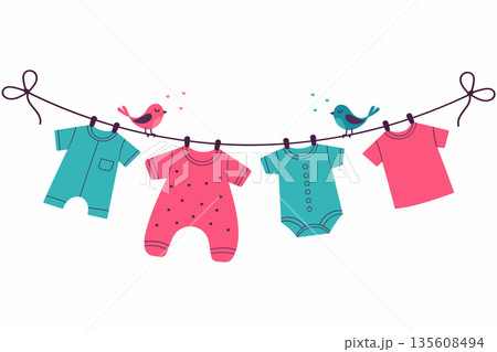 Cute baby clothes hanging on clothesline with birds for newborn shower greeting card or nursery decor. Cute baby clothes hanging on clothesline with birds for newborn shower greeting card or nursery decor. 135608494