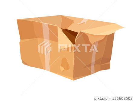 Crumpled brown cardboard vector box, broken ripped parcel, damaged package with wrinkles, dents, skewed corners, torn sides and loosely sticking tape. Fragile good, problem cargo, condition usage 135608502