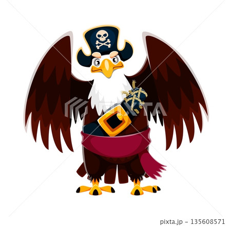 Eagle bird animal pirate character with wide wings and white head, wearing black tricorn hat. Cartoon vector eagle corsair nautical personage holds a large belt with bombs, wrapped around a tied rope 135608571