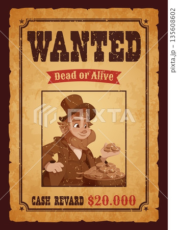 St Patricks holiday leprechaun on Western wanted poster. Ireland holiday vector Western flyer, St Patrick Wild West bandit or outlaw wanted poster with leprechaun character counting coins in pot 135608602