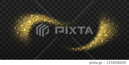 Golden star dust waves, magic glitter vector particles splash, glow powder spray effect. Sparkling dust trail, magical starburst, light, cosmic shimmer. Golden spray waves of sequins and glitter forms Golden star dust waves, magic glitter vector particles splash, glow powder spray effect. Sparkling dust trail, magical starburst, light, cosmic shimmer. Golden spray waves of sequins and glitter forms 135608609