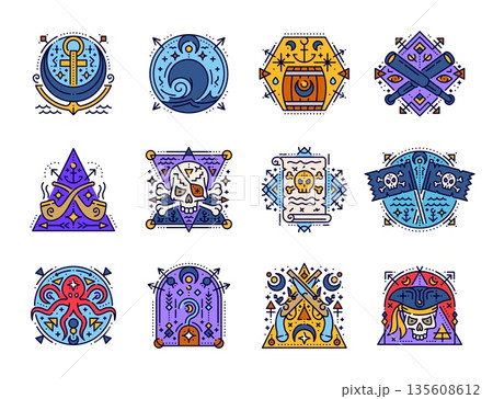 Sacred esoteric pirate and corsair symbols. Vector pirate ship anchor, treasure map, corsair skull and crossbones, piracy flag and hook color line icons with mystic moon, star and esoteric eye symbols 135608612