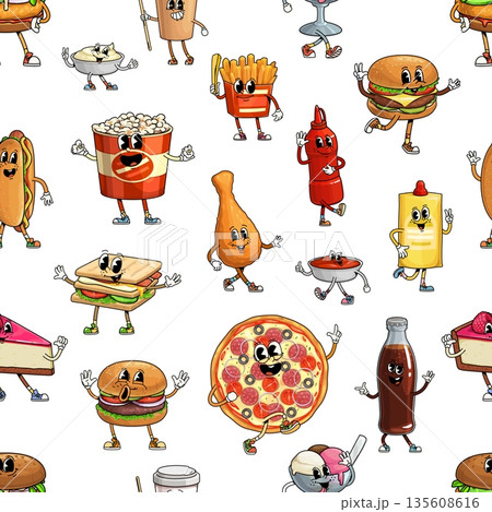 Groovy fast food characters pattern with funny snacks and desserts, vector seamless background. Cartoon groovy fast food pattern with funky pizza or freaky cheeseburger and sandwich with silly face 135608616