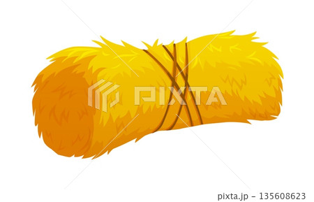 Cartoon hay bale tied with brown ropes. Vector golden yellow straw bundle roll symbolizes harvest, farming, and countryside living, agricultural element for autumn decorations, or rustic rural life Cartoon hay bale tied with brown ropes. Vector golden yellow straw bundle roll symbolizes harvest, farming, and countryside living, agricultural element for autumn decorations, or rustic rural life 135608623
