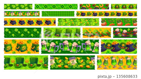 Washi tape green adhesive pieces with St Patrick s holiday decorations. Scrapbooking stickers, adhesive washi vector tape with Ireland Saint Patrick day clover, beer, leprechaun hat, shoes and gold 135608633