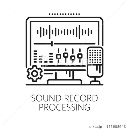 Sound record processing line icon or pictogram. Audio recording studio icon, music production vector sign. Sound mastering symbol with microphone and mixing software interface on computer screen Sound record processing line icon or pictogram. Audio recording studio icon, music production vector sign. Sound mastering symbol with microphone and mixing software interface on computer screen 135608648