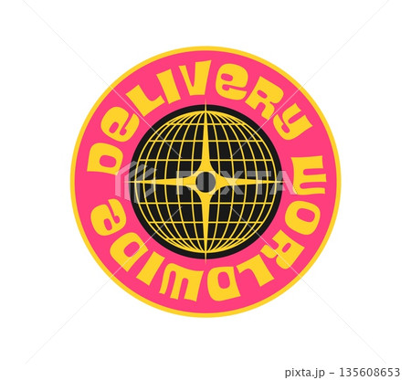 World delivery globe Y2K funky sticker or tag. Earth Y2K vector terrestrial sphere tag, world mesh sphere label. Planet globus sticker with black globe and yellow typography on pink typography 135608653