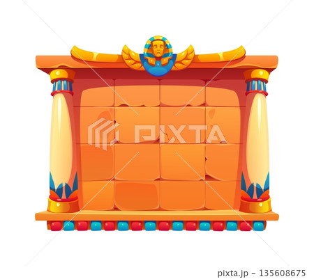 Ancient Egypt game frame, antique Egyptian stone board with pillars, decorative tiles, and pharaoh emblem. Vector ui game menu, leaderboard, or level selection screen in adventure or puzzle games 135608675
