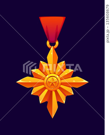 Game medal award icon, victory and achievement trophy. Cartoon vector shiny military or honor award emblem golden rank badge with star and red ribbon. Isolated game asset, Ranking winner reward Game medal award icon, victory and achievement trophy. Cartoon vector shiny military or honor award emblem golden rank badge with star and red ribbon. Isolated game asset, Ranking winner reward 135608679