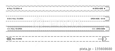 Perforated tear strip line vector border. Perforated tear strip line with dashed borders and directional arrows, text pull to open and open here. Packaging, product instruction, closure template 135608680
