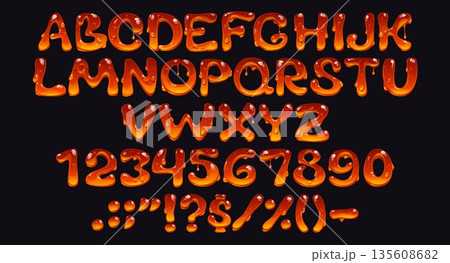 Honey bee font, sweet amber flow typeface, 3d yellow candy type, liquid tasty english alphabet letters and numbers set. Vector typography honey dripping font abc characters, melted sweet food type Honey bee font, sweet amber flow typeface, 3d yellow candy type, liquid tasty english alphabet letters and numbers set. Vector typography honey dripping font abc characters, melted sweet food type 135608682