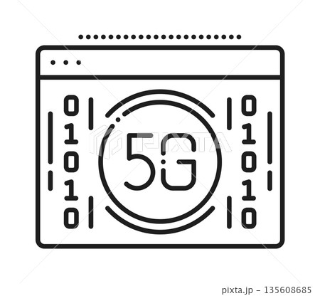 5G mobile data transfer network line icon or symbol. 5G network outline sign, wireless connection linear vector pictogram. High speed mobile communication symbol or icon with binary code 5G mobile data transfer network line icon or symbol. 5G network outline sign, wireless connection linear vector pictogram. High speed mobile communication symbol or icon with binary code 135608685