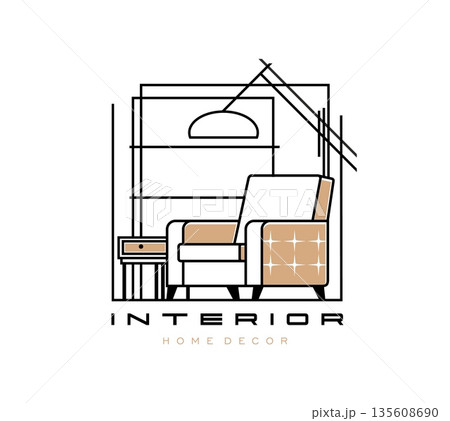 Home interior icon features modern and stylish sofa, lamp, shelf and cupboard in linear style. Isolated vector emblem for home decor brands or interior design services evoke elegance and comfort 135608690