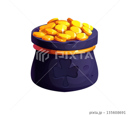 Mobile game St Patrick leprechaun pot asset. Computer videogame level design element, RPG arcade vector environment item of metal pot or cauldron with shamrock clover stamp and golden coins inside 135608691