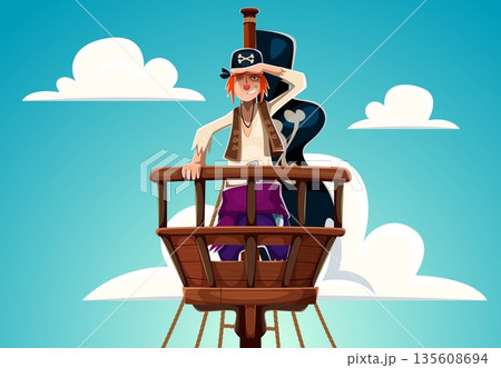 Cartoon pirate cabin boy lookout, vector character with orange hair in ragged clothes and pirate hat, positioned on wooden crow nest which depicted with ropes, bright blue sky and fluffy clouds 135608694