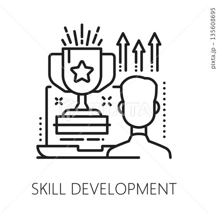 Skill development online education line icon or symbol. Remote education outline sign, online school classes outline vector icon. Distance learning symbol or pictogram with laptop and winner cup 135608695