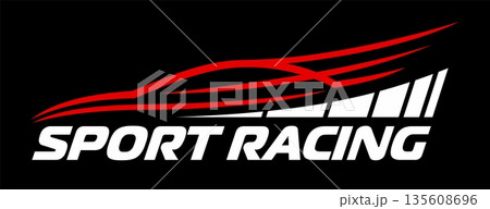 Race car, drag competition sticker or symbol. Car racing championship decal patch, rally competition vector label. Race sport emblem sticker with racing car linear abstract silhouette and typography 135608696