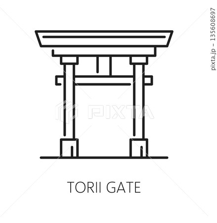 Japan tori gate, Asia travel line icon or label. Asia vacation journey icon, Japan holiday travel vector pictogram. Asian country culture trip sign or symbol with shintoism temple entrance tori gate 135608697