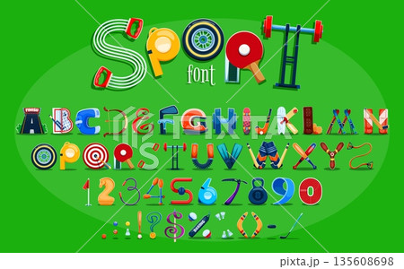 Cartoon sport font, soccer and football typeface, funny type, kids English alphabet letters, symbols and numbers as athletic equipment like weights, paddles, balls, skis, and gear. Vector fitness abc 135608698