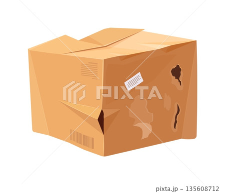 Crumpled and damaged cargo delivery box and broken ripped cardboard parcel with torn holes, dents and bent edges. Vector damaged crumpled cardboard delivery box. Broken and ripped cargo parcel package 135608712