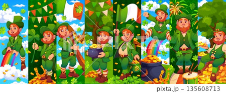 St Patrick Day cartoon leprechaun characters collage. Irish holiday cute elf vector personages wearing green suits and hats. Funny leprechaun characters, shamrock clovers, gold pots, rainbow and flags 135608713