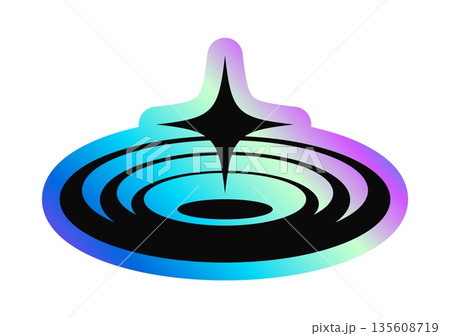 Star and spiral ring hologram vintage Y2K sticker or symbol. Reflective holographic Y2K patch, metallic color hologram vector sticker. Glossy iridescent label with abstract geometric shape Star and spiral ring hologram vintage Y2K sticker or symbol. Reflective holographic Y2K patch, metallic color hologram vector sticker. Glossy iridescent label with abstract geometric shape 135608719