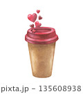Hearts fly out of a paper coffee cup. Watercolor illustration of a Drink decoration for February 14. Hand drawn vintage sketch on white isolated background. Water color painting art image for cards 135608938