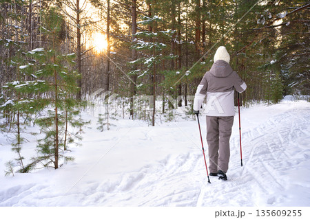 Nordic walking with trail poles in snowy winter park Nordic walking with trail poles in snowy winter park 135609255