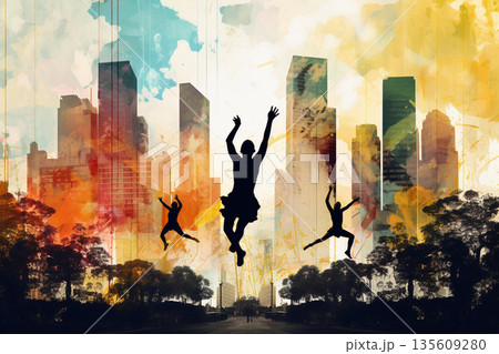 People dancing in colorful city background illustration 135609280
