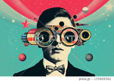 Abstract fine and pop art illustration collage of man with binoculars Abstract fine and pop art illustration collage of man with binoculars 135609302