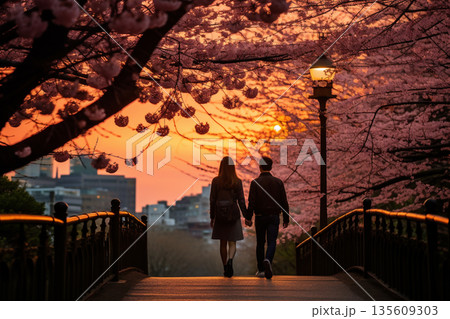 Couple walking in sakura park in Japan during springtime Couple walking in sakura park in Japan during springtime 135609303