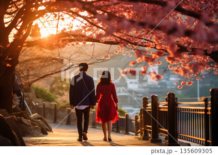 Couple walking in sakura park in Japan during springtime Couple walking in sakura park in Japan during springtime 135609305