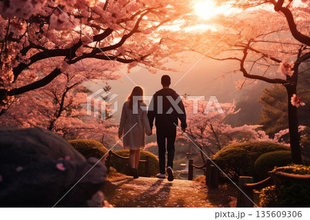 Couple walking in sakura park in Japan during springtime 135609306