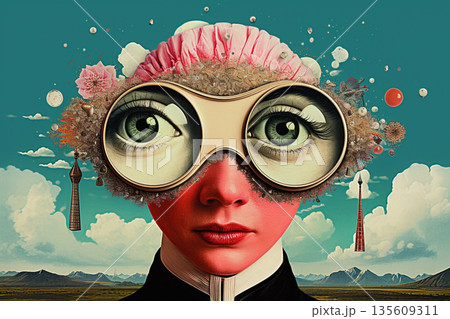 Abstract fine and pop art illustration collage of woman with surreal and abstract binoculars Abstract fine and pop art illustration collage of woman with surreal and abstract binoculars 135609311