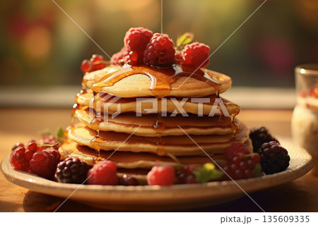 Delicious pancakes with berries and syrup Delicious pancakes with berries and syrup 135609335