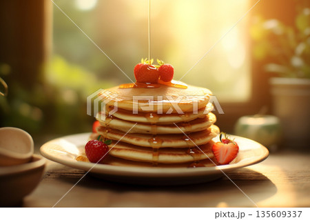 Delicious pancakes with berries and syrup 135609337