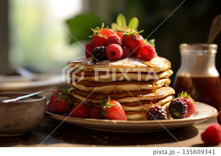 Delicious pancakes with berries and syrup Delicious pancakes with berries and syrup 135609341